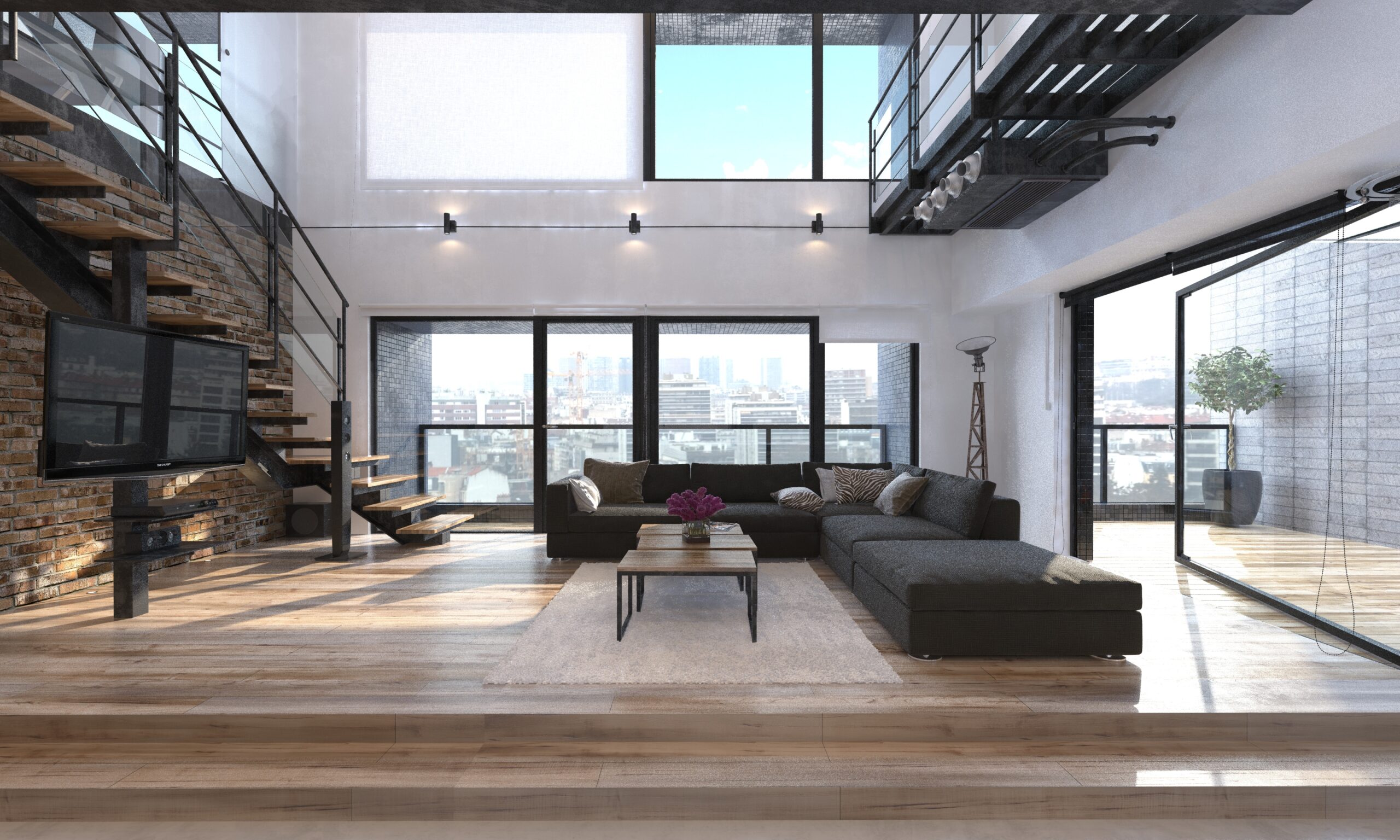 Modern living room interior in a penthouse. 3d Rendering