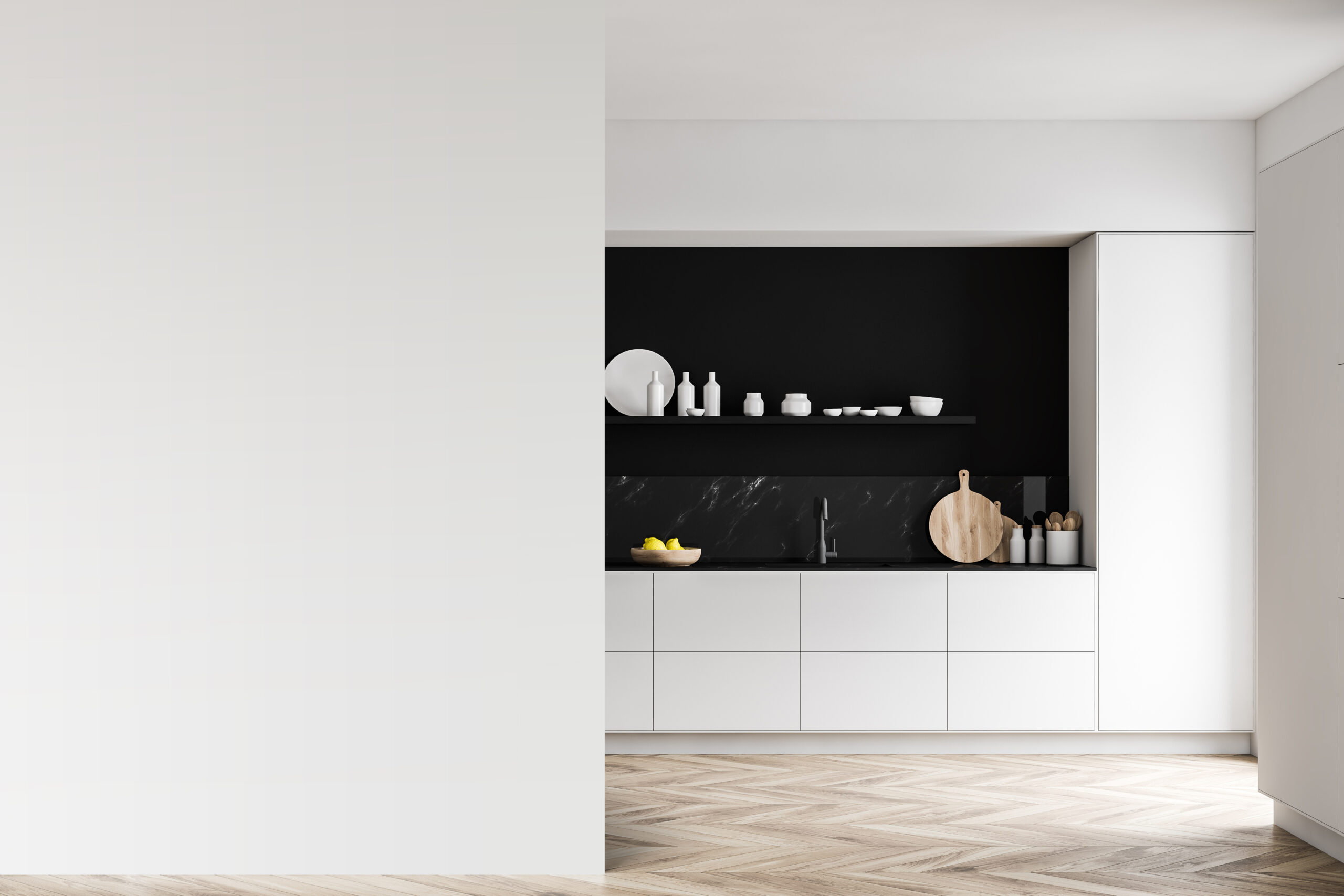 Interior of luxury kitchen with white and black marble walls, wooden floor, white countertops and shelf with dishes. Mock up wall to the left. 3d rendering